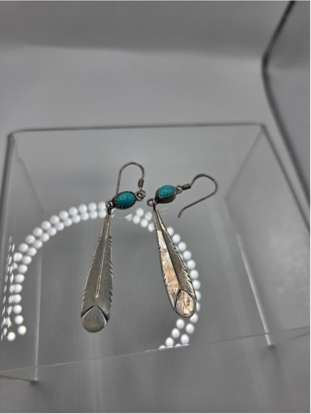 Vintage Sterling Silver Feather Turquoise Dangle Earrings
